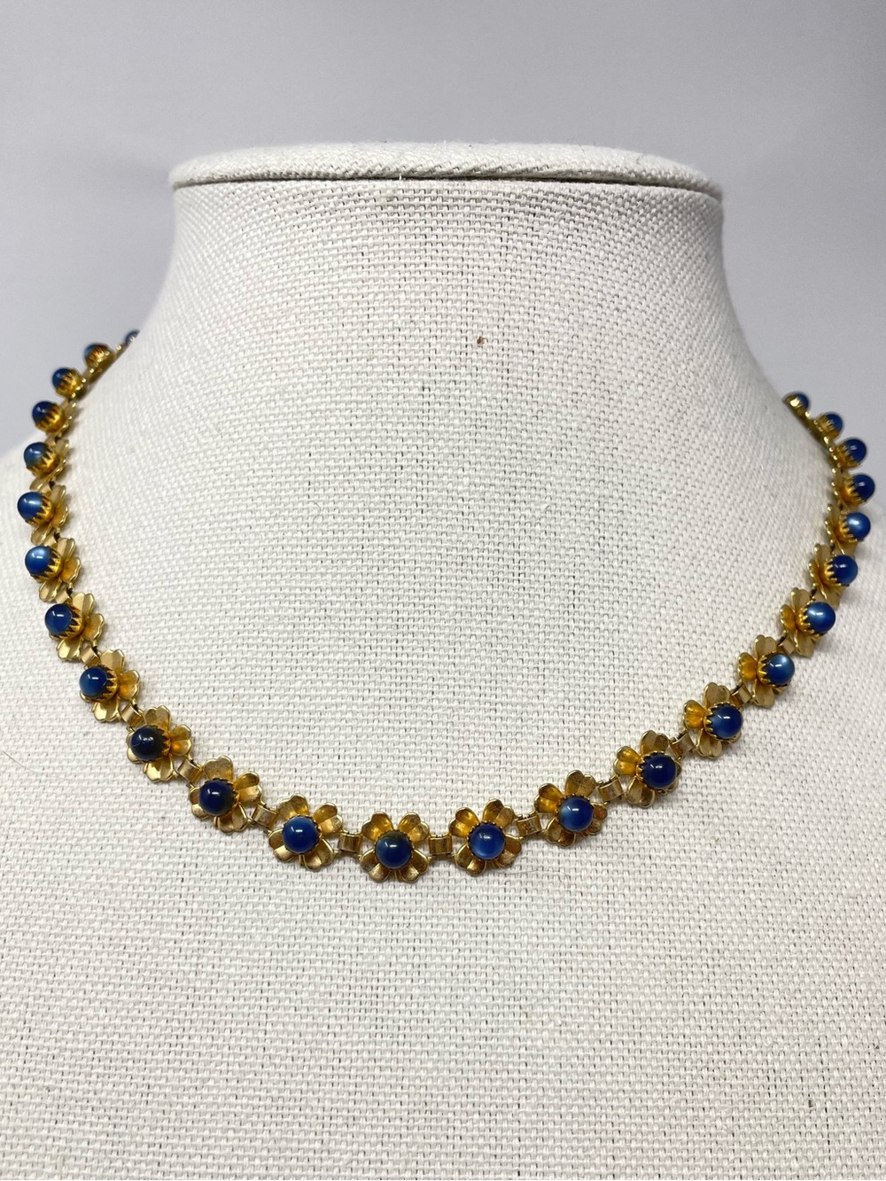 Vintage Floral Necklace with Blue Cabochon Accents